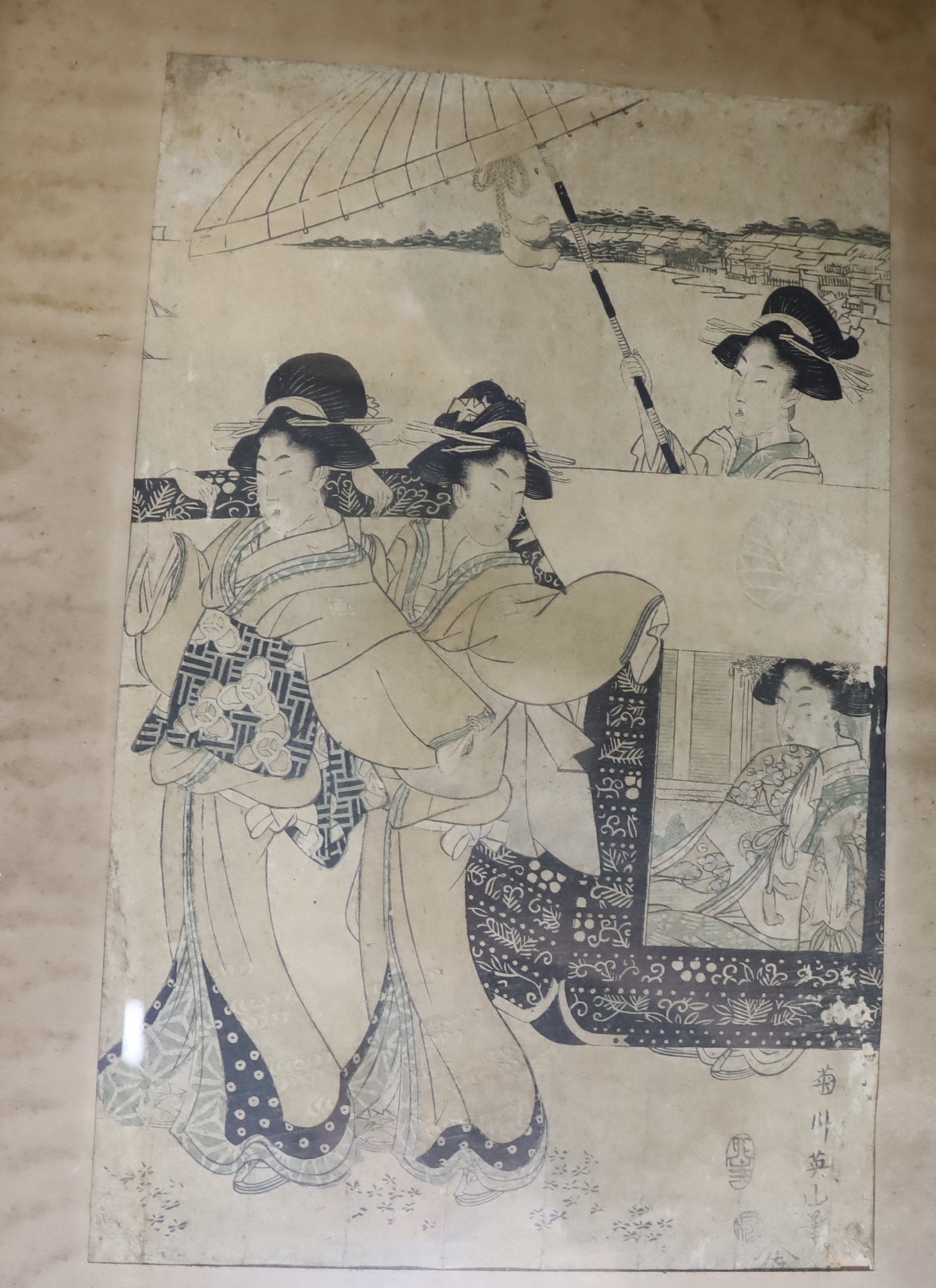 A collection of Japanese woodblock prints, including one after Moriya Jihei (Kinshindo - Mori) and one after Toyokuni, largest 38 x 50cm